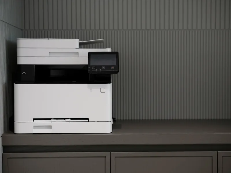 A laser multifunction printer with scanner standing on an office counter